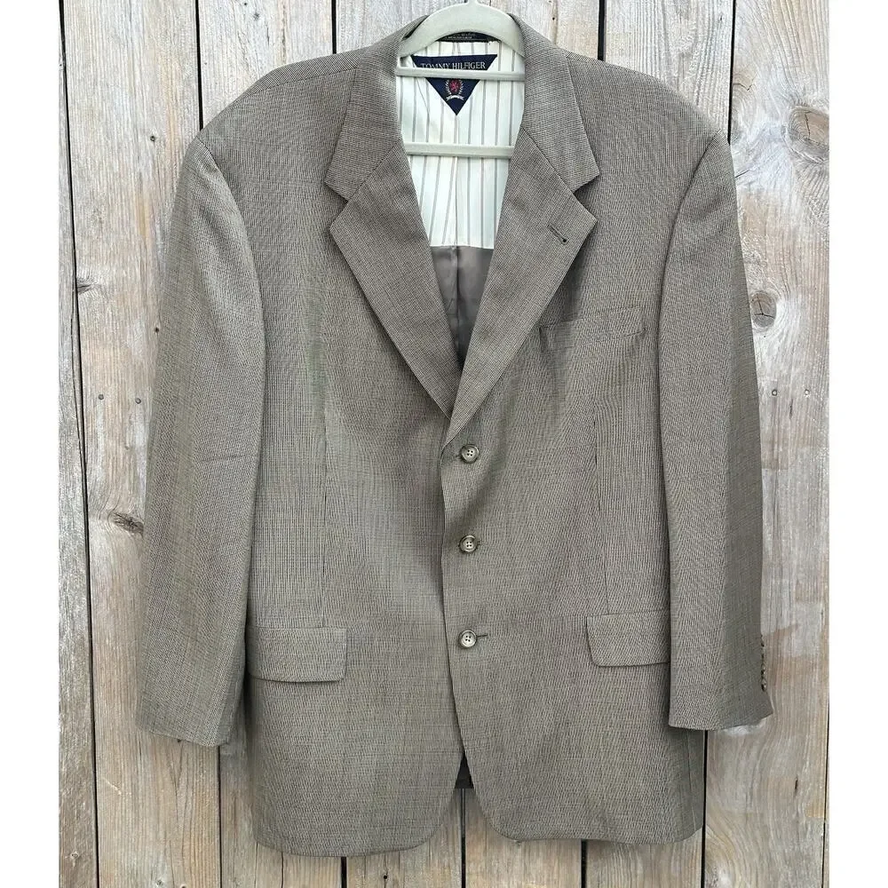 Vintage 90s Tommy Hilfiger Mens 44R Wool Houndstooth Sport Coat Suit Jacket USA